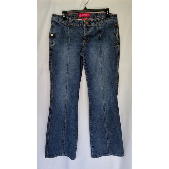 Vtg Y2k Glo Low Rise Flare Jeans 32x31 Stretch Dark Wash Denim Snap Pockets - Picture 1 of 13